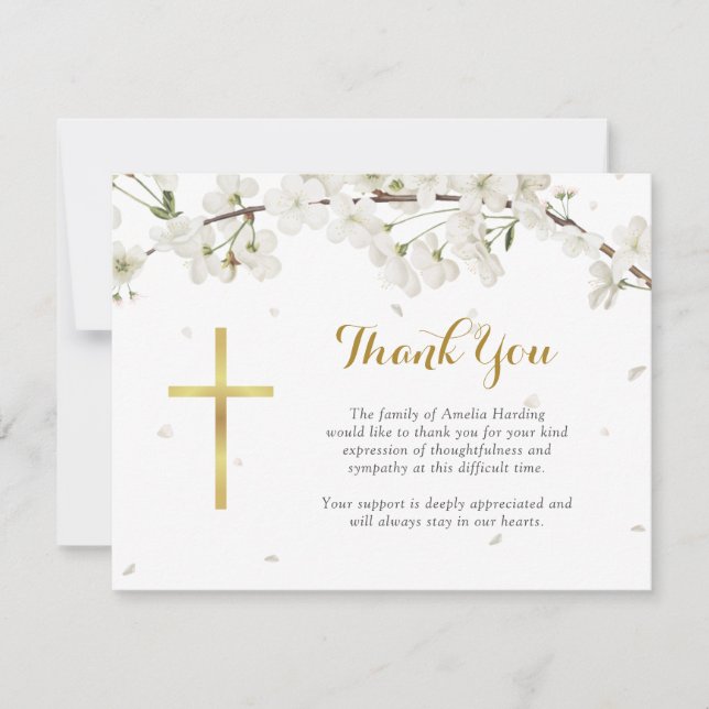 White Blossom Funeral Christian Thank You Card (Front)