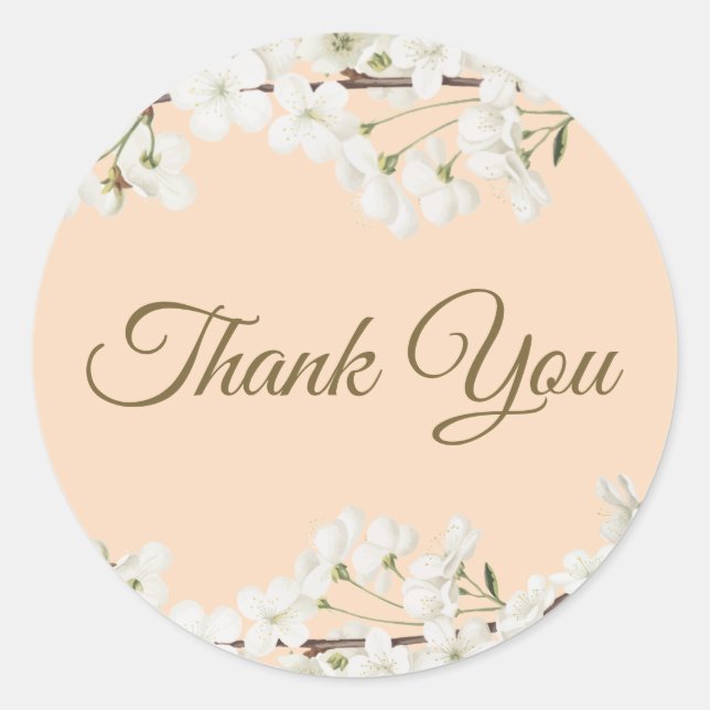 White Blossom Gold Script Thank You Classic Round Sticker (Front)