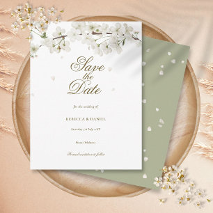 White Blossom Greenery Floral Save the Date Postcard