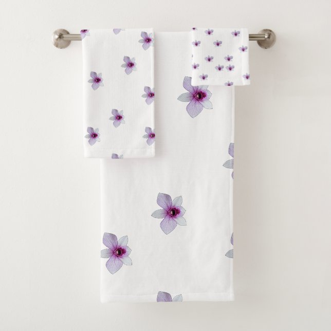 White Blossom Purple Centre Gift  Bath Towel Set (Insitu)