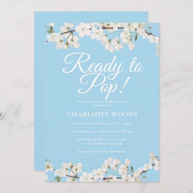 White Blossom Ready to Pop Baby Shower / Sprinkle Invitation (Front/Back)