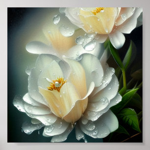 White blossoms and water drops poster