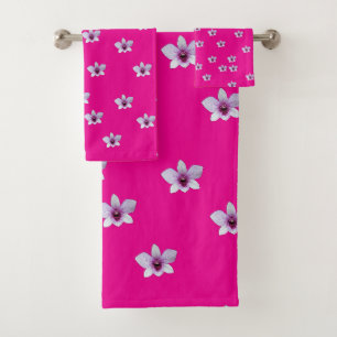 White Blossoms Bright Pink  Bath Towel Set