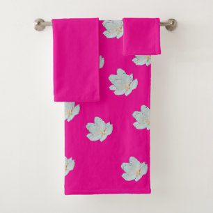 White Blossoms On Hot Pink    Bath Towel Set