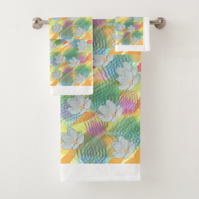 White Blossoms Rainbow Geo  Bath Towel Set (Insitu)