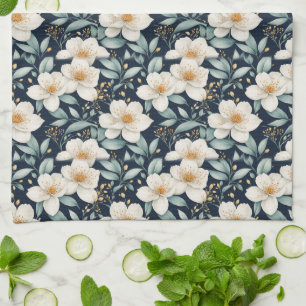 White Blossoms Tea Towel