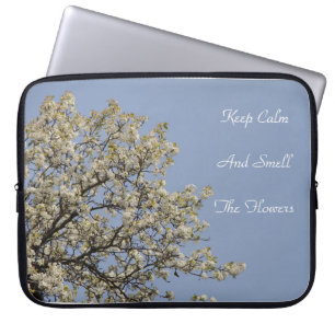 White Blossoms with blue sky Text can be changed. Laptop Sleeve