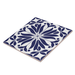 White &blue Abstract floral geometric Ceramic Tile
