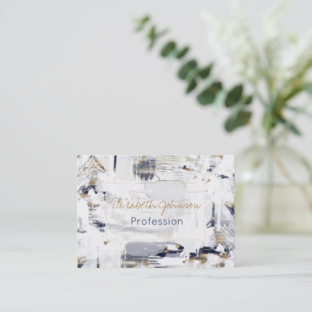 White Blue and Gold Brush Painting Business Card (Standing Front)