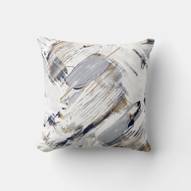 White Blue and Gold Brush Painting Cushion (Front)