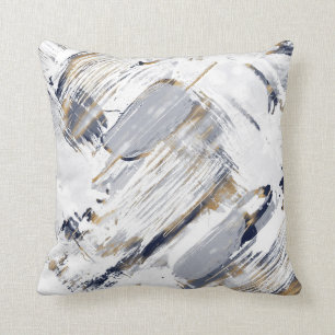 White Blue and Gold Brush Painting Cushion