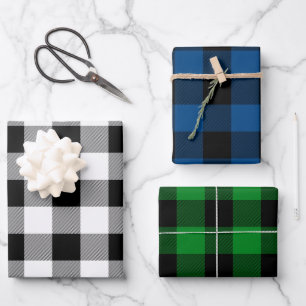 White Blue And Green Buffalo Plaid Canadiana Wrapping Paper Sheet
