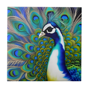 White blue and Green Piebald Peacock  Ceramic Tile