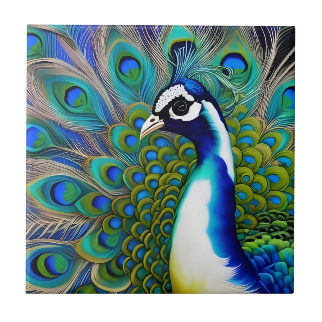 White blue and Green Piebald Peacock  Ceramic Tile (Front)