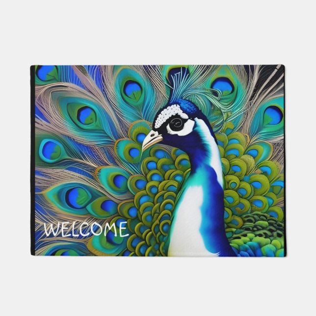 White blue and Green Piebald Peacock  Doormat (Front)