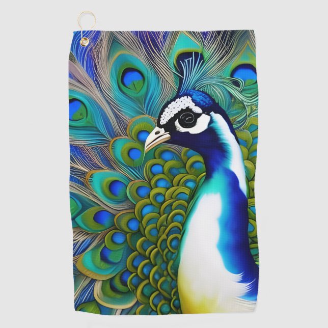 White blue and Green Piebald Peacock  Golf Towel (Front)