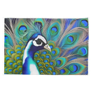 White blue and Green Piebald Peacock  Pillowcase