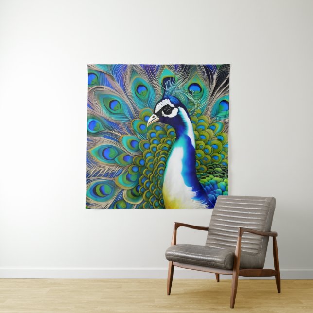White blue and Green Piebald Peacock  Tapestry (In Situ)