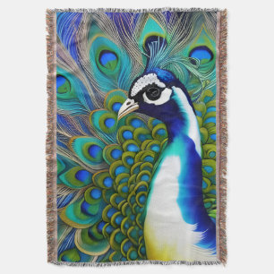 White blue and Green Piebald Peacock  Throw Blanket