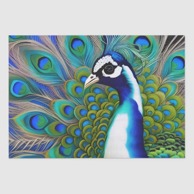 White blue and Green Piebald Peacock  Tissue Paper (Front)
