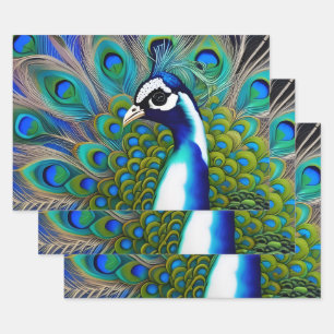 White blue and Green Piebald Peacock  Wrapping Paper Sheet