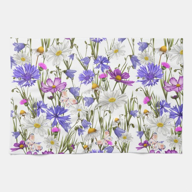 White, Blue and Purple Wildflowers Botanical  Tea Towel (Horizontal)