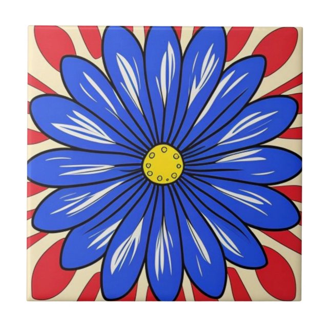 White, blue and red flower Ceramic Tile (Front)