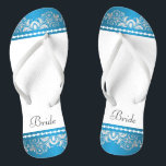 White, Blue and Silver Lace | Wedding Party Thongs<br><div class="desc">Flip Flop Shoes. DIY Text. ⭐This Product is 100% Customisable. Graphics and text can be deleted, moved, resized, changed around, rotated, etc... 99% of my designs in my store are done in layers. This makes it easy for you to resize and move the graphics and text around so that it...</div>