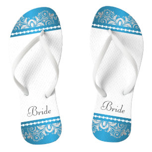 White, Blue and Silver Lace   Wedding Party Thongs