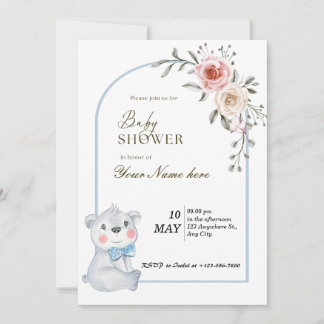 White Blue Bear Baby Shower invitations Boy