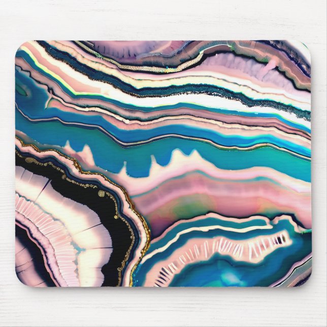 White Blue Black Pink Teal Agate Geode Mouse Pad (Front)