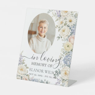 White Blue Blush Floral Photo Funeral Memorial Pedestal Sign