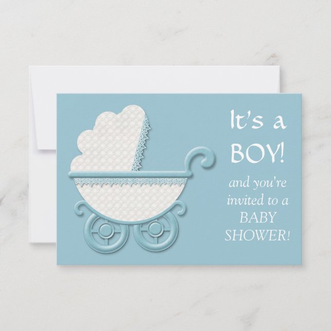 White Blue Buggy Baby Boy Shower Invitation (Front)
