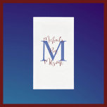 White Blue Burgundy Bar Mitzvah Name Monogram  Napkin<br><div class="desc">This paper guest towel can be any background colour you select.  Default Background is white; Name and Event (Bar Mitzvah) is fancy burgundy script,  monogram is blue. "create your own."  Guests will appreciate having disposable hand towels available. All Rights Reserved © 2024 Alan & Marcia Socolik..</div>