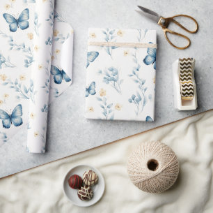 White Blue Butterflies Flowers Birthday Wrapping Paper