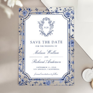 White Blue Chinoiserie Crest Wedding Save the Date Acrylic Invitations