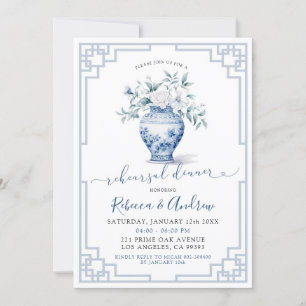 White Blue Chinoiserie Ginger Jar Rehearsal Dinner Invitation
