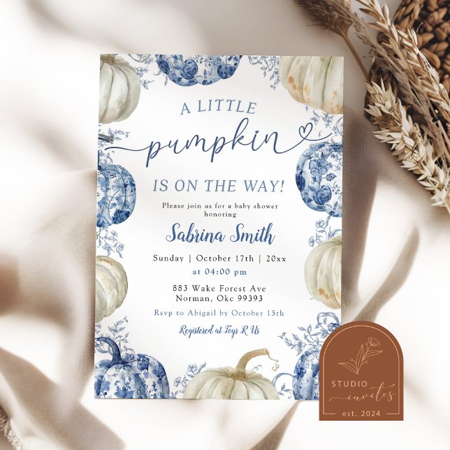 White Blue Chinoiserie Pumpkin Fall Baby Shower Invitation (Creator Uploaded)