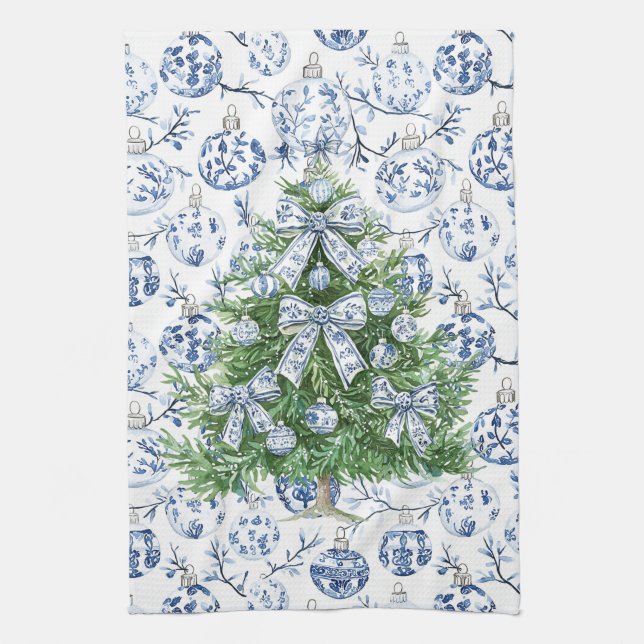 White Blue Christmas Ornaments Tree with Bows Tea Towel (Vertical)