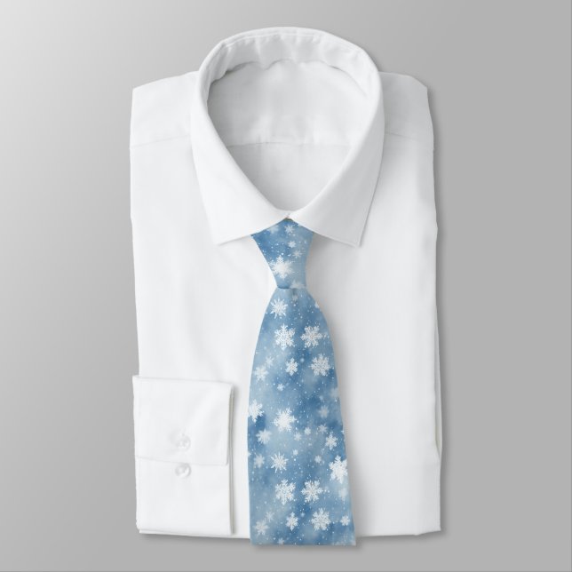 White Blue Christmas Snowflakes Neck Tie (Tied)