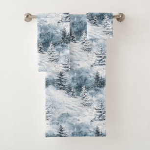 White Blue Christmas Trees Winter Snow Bath Towel Set