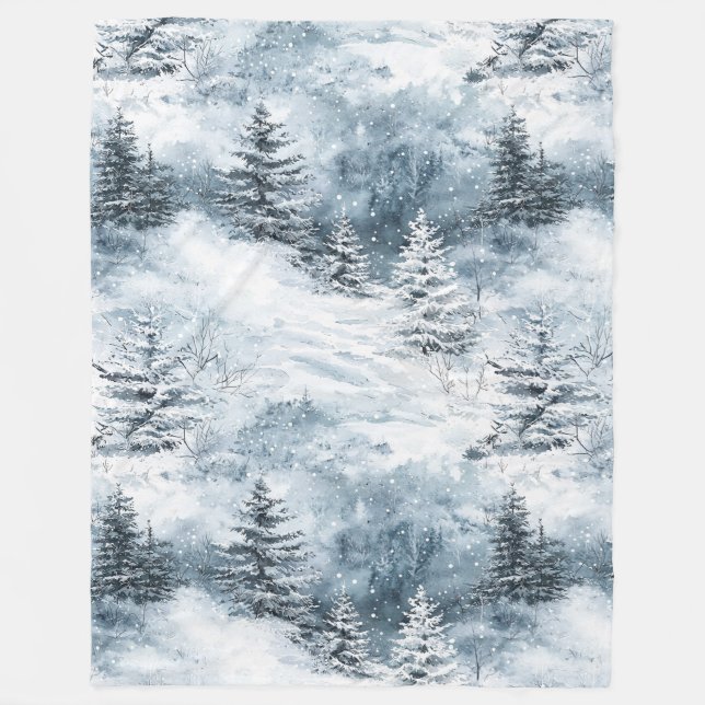 White Blue Christmas Trees Winter Snow Fleece Blanket (Front)