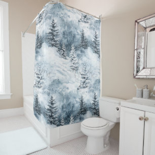 White Blue Christmas Trees Winter Snow Shower Curtain