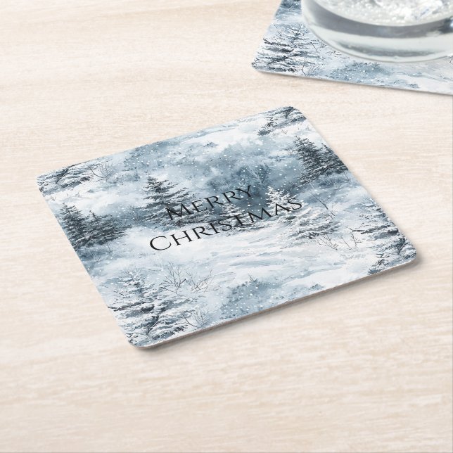 White Blue Christmas Trees Winter Snow Square Paper Coaster (Angled)
