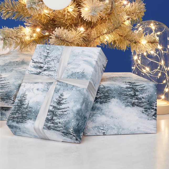 White Blue Christmas Trees Winter Snow Wrapping Paper (Holidays)