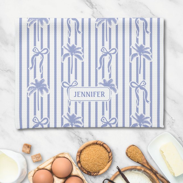 White Blue Coastal Chic Palm Trees Bows Stripes Tea Towel (In situ)