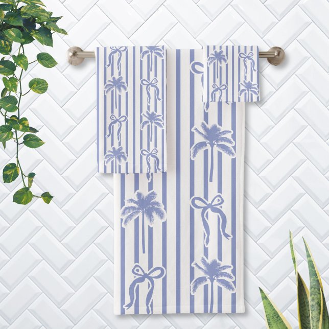White Blue Coastal Palm Trees Bows Stripes Pattern Bath Towel Set (In situ)