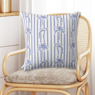 White Blue Coastal Palm Trees Bows Stripes Pattern Cushion