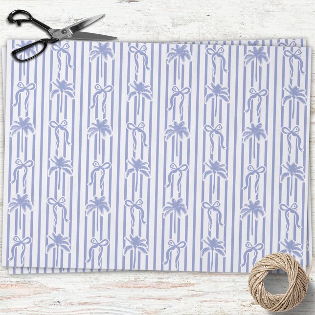 White Blue Coastal Palm Trees Bows Stripes Pattern Tissue Paper (In situ)