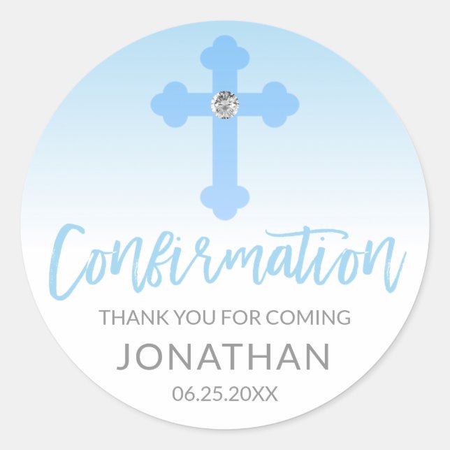 White Blue Cross CONFIRMATION Boy Thank You Classic Round Sticker (Front)